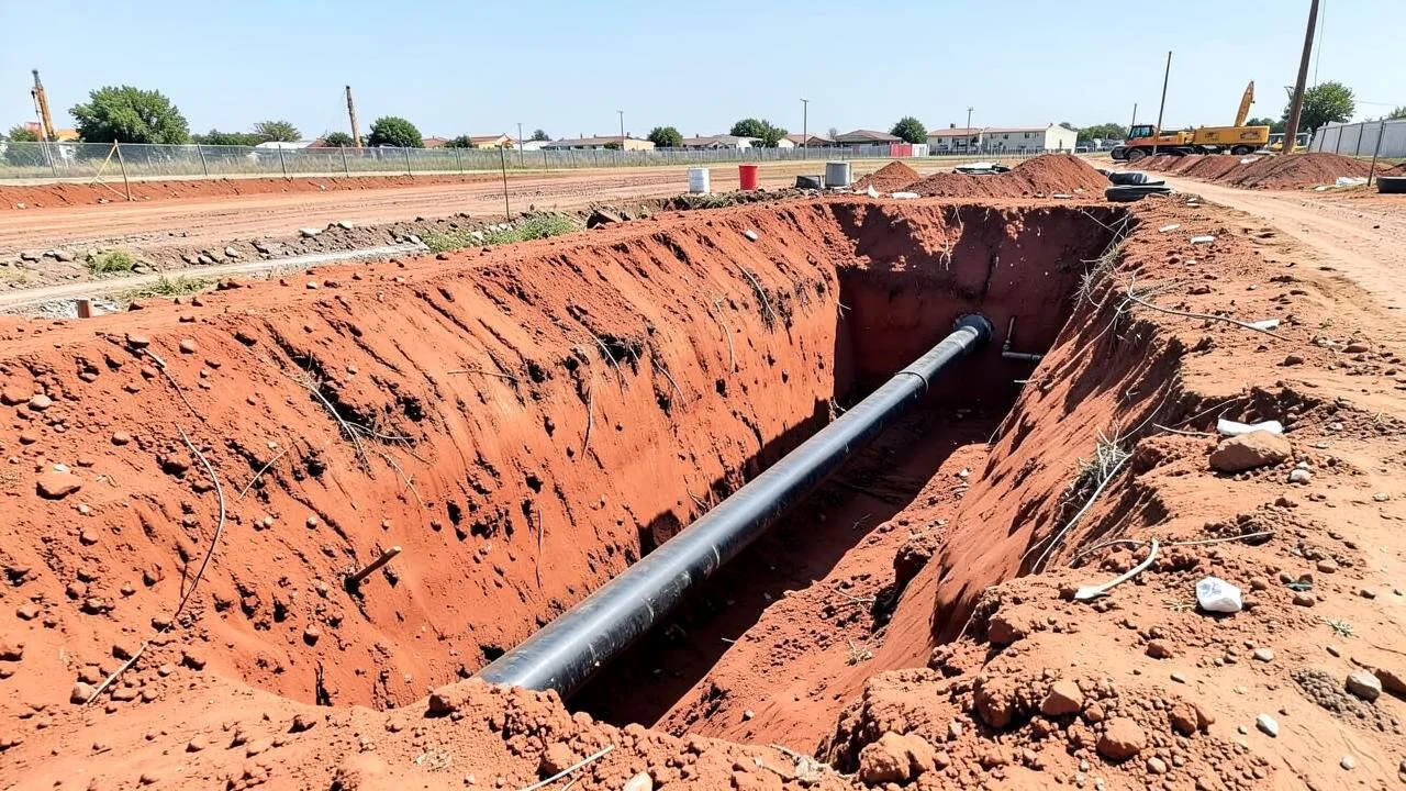 Vala aberta em terra vermelha com tubulação assentada
